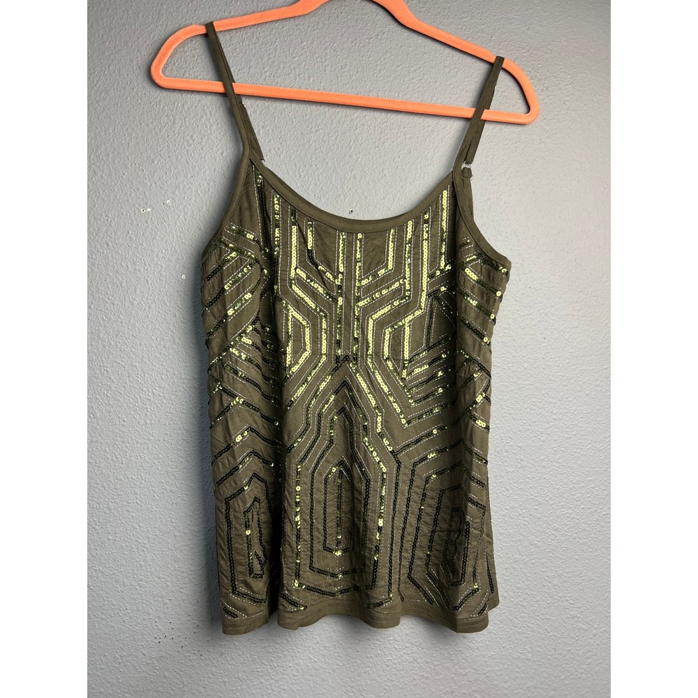 Verty Women's Medium Olive Green Sequin Beaded Cami Tank Top Y2K Evening Party